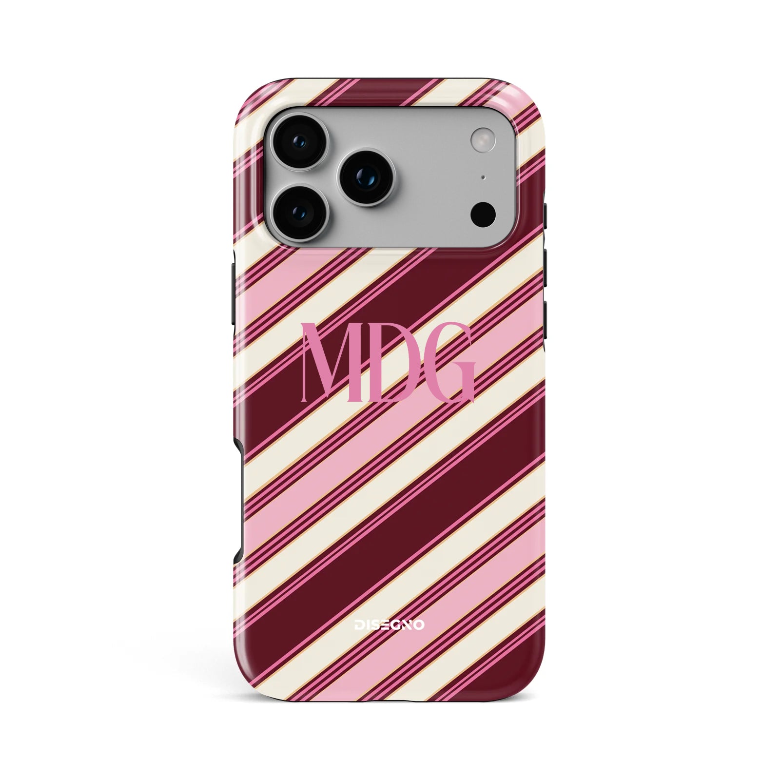 Amarena Stripes tough MagSafe case personalized with initials in pink Contrasto serif font