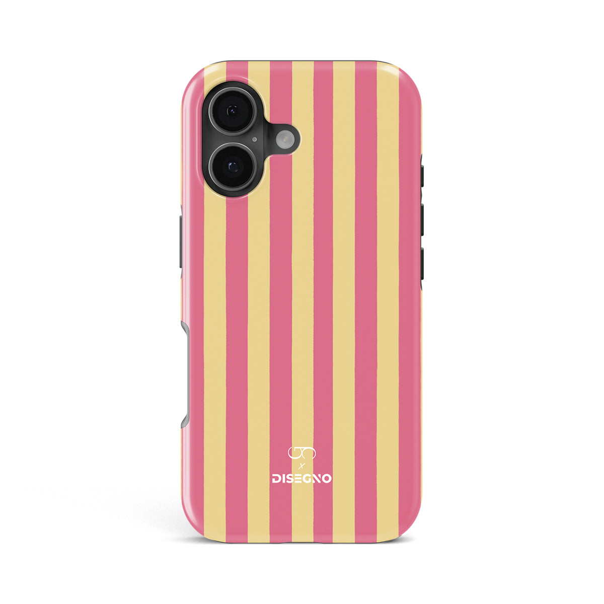 Beach Club tough MagSafe case for iPhone 17 with pink and yellow vertical stripes