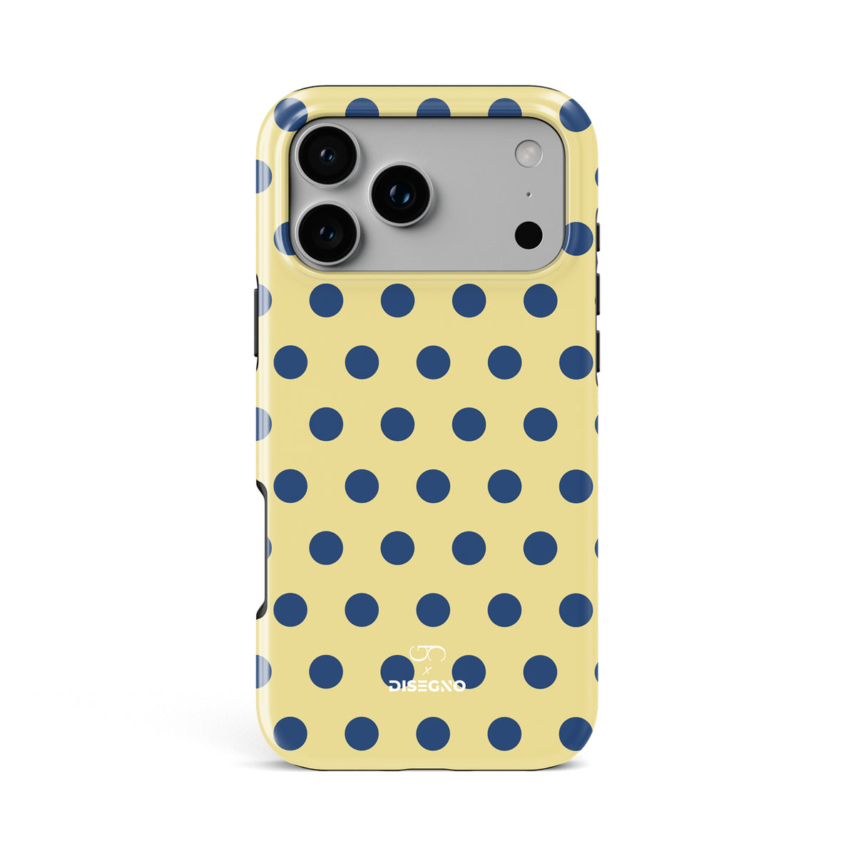 Caracola Polka Dots tough MagSafe case for iPhone 17 Pro Max with indigo polka dots on canary yellow