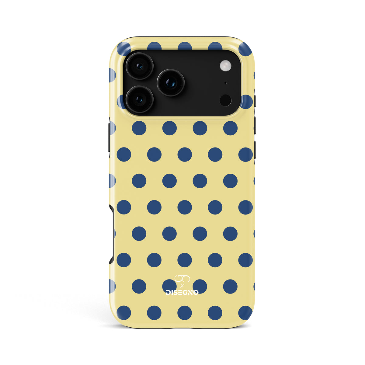 Caracola Polka Dots tough MagSafe case for iPhone 18 Pro Max with indigo polka dots on canary yellow