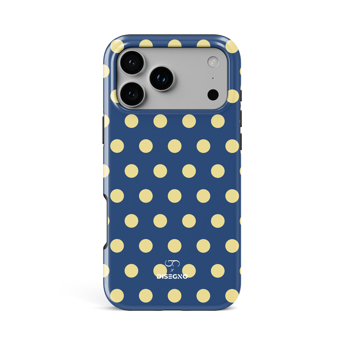Caracola Polka Dots tough MagSafe case for iPhone 17 Pro Max with yellow polka dots on indigo blue