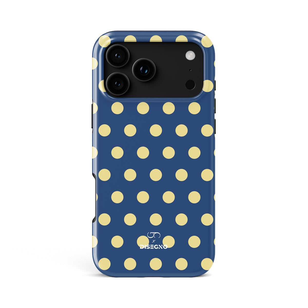 Caracola Polka Dots tough MagSafe case for iPhone 18 Pro Max with yellow polka dots on indigo blue