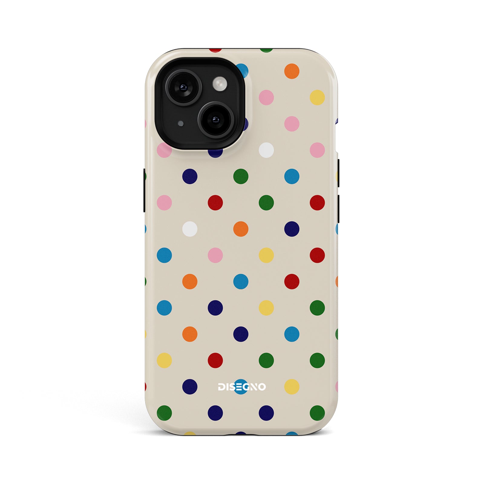 Dot Cake tough MagSafe case for iPhone 13 with multicolor polka dots on cream