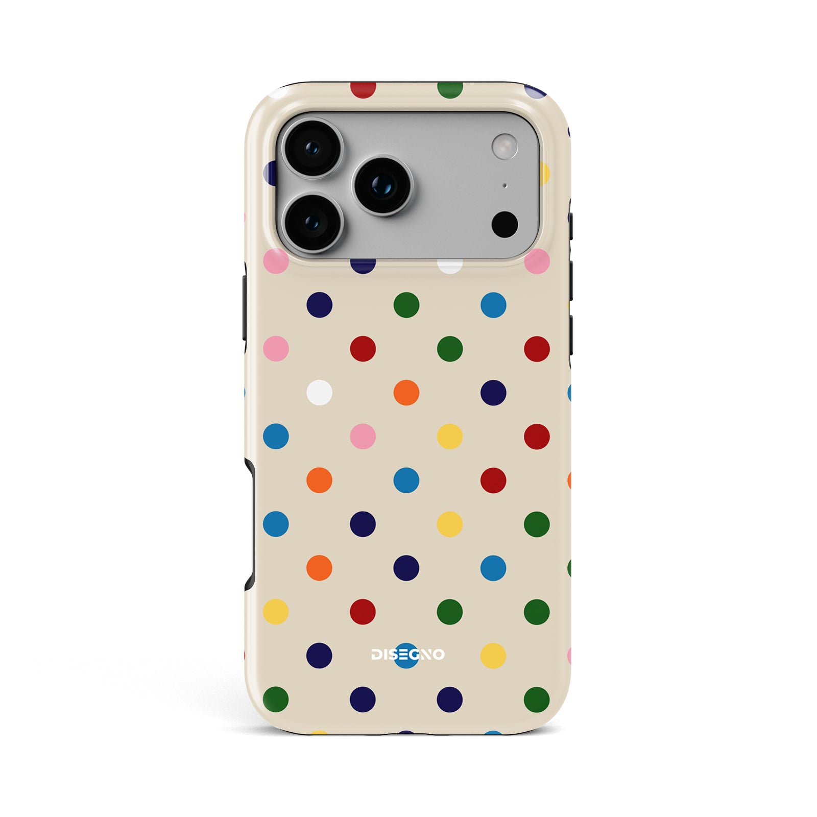 Dot Cake tough MagSafe case for iPhone 17 Pro Max with multicolor polka dots on cream