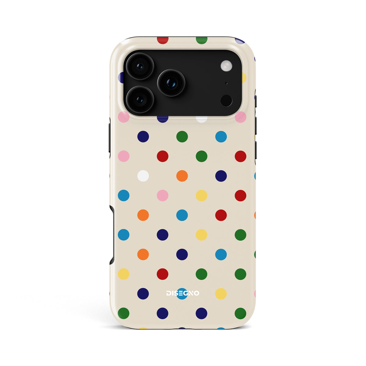 Dot Cake tough MagSafe case for iPhone 18 Pro Max with multicolor polka dots on cream