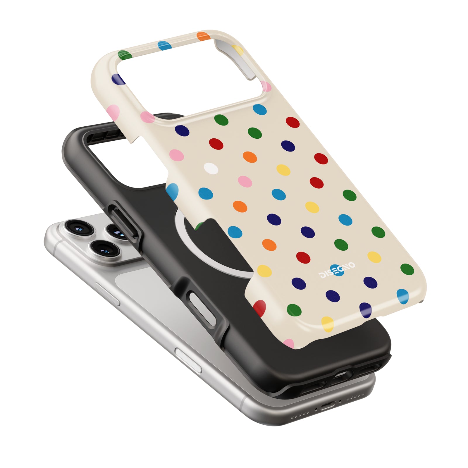 Dot Cake tough case dual-layer
construction with MagSafe ring,
multicolor polka dots on cream