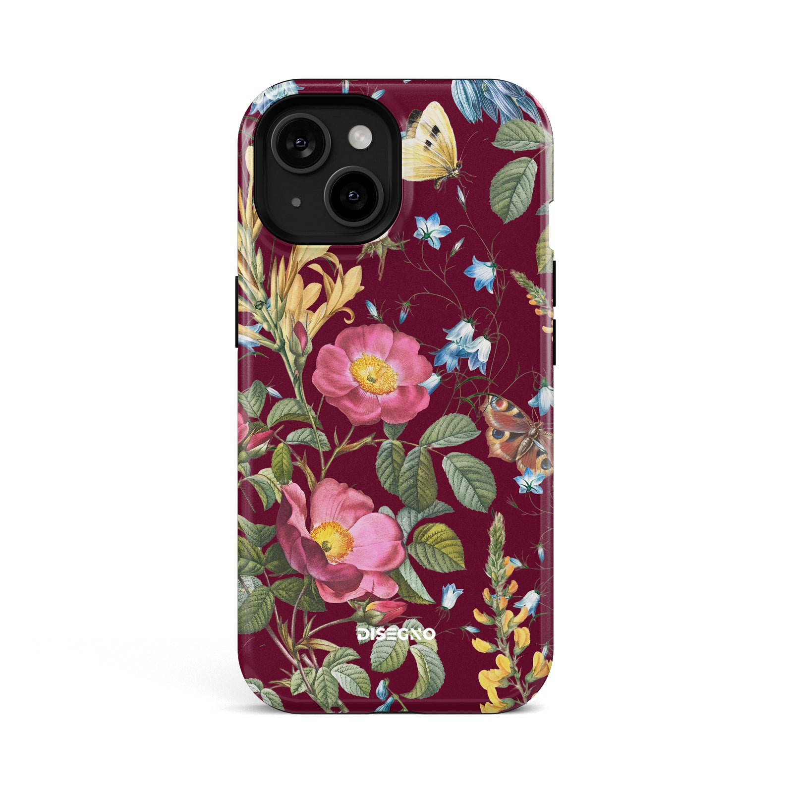 Firenze tough MagSafe case for iPhone 15 with vintage floral print of pink roses and bluebells on deep wine