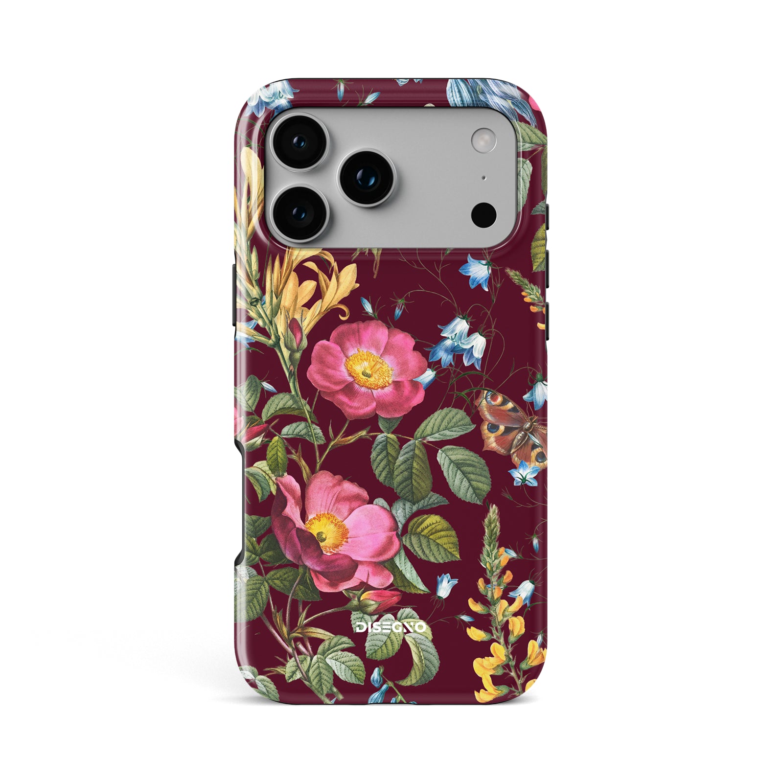 Firenze tough MagSafe case for iPhone 17 Pro Max with vintage floral print of pink roses and bluebells on deep wine
