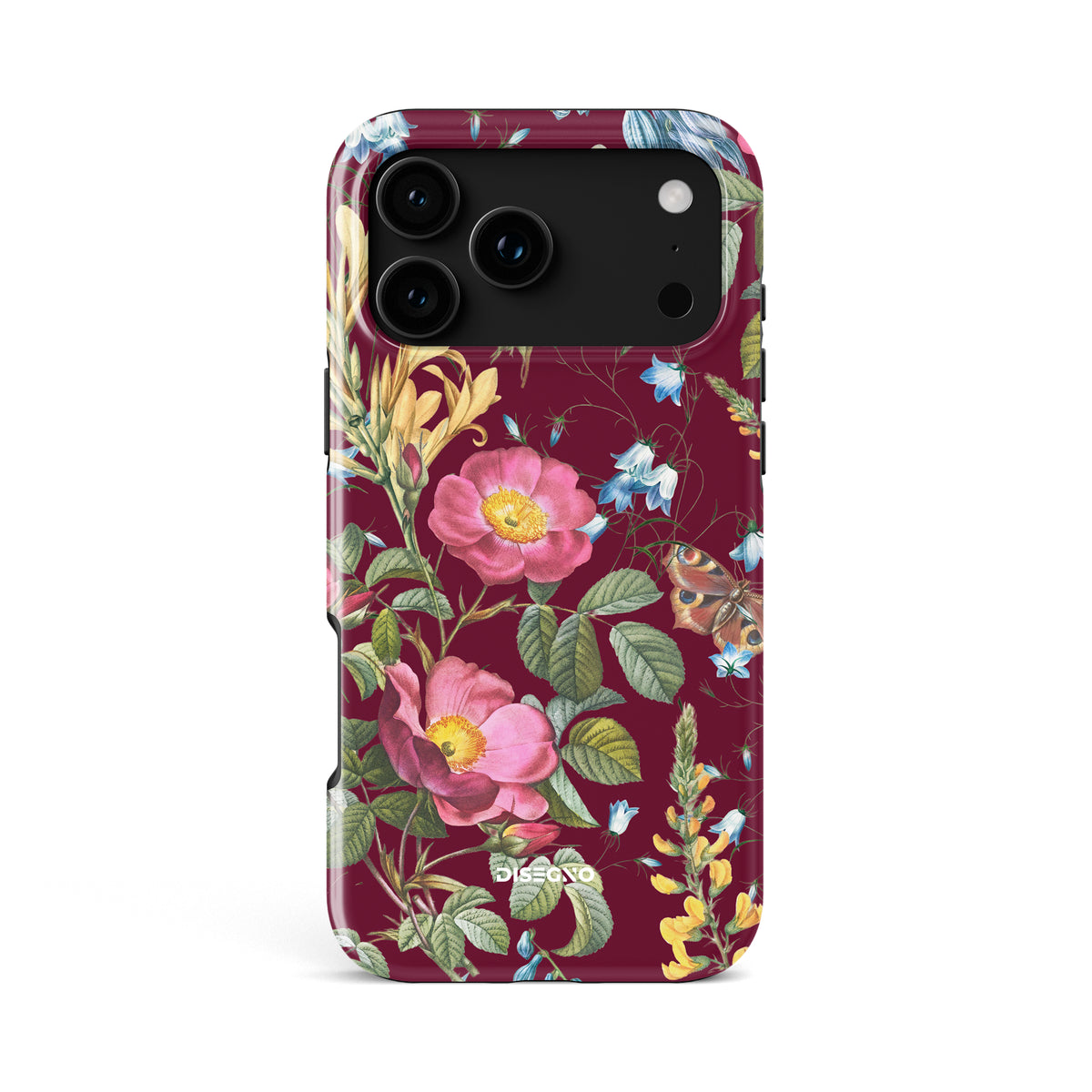 Firenze tough MagSafe case for iPhone 18 Pro Max with vintage floral print of pink roses and bluebells on deep wine
