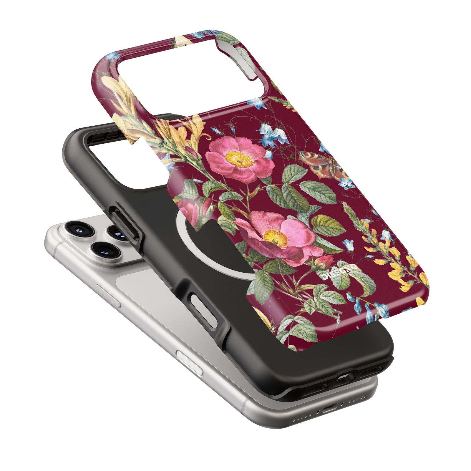 Firenze tough case dual-layer
construction with MagSafe ring, floral
print on deep wine