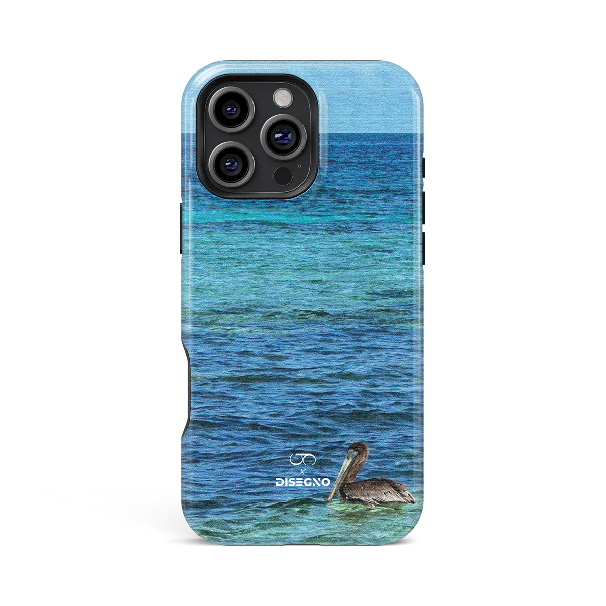 Happy Hour tough MagSafe case for iPhone 13 Pro Max with a pelican on turquoise Caribbean water