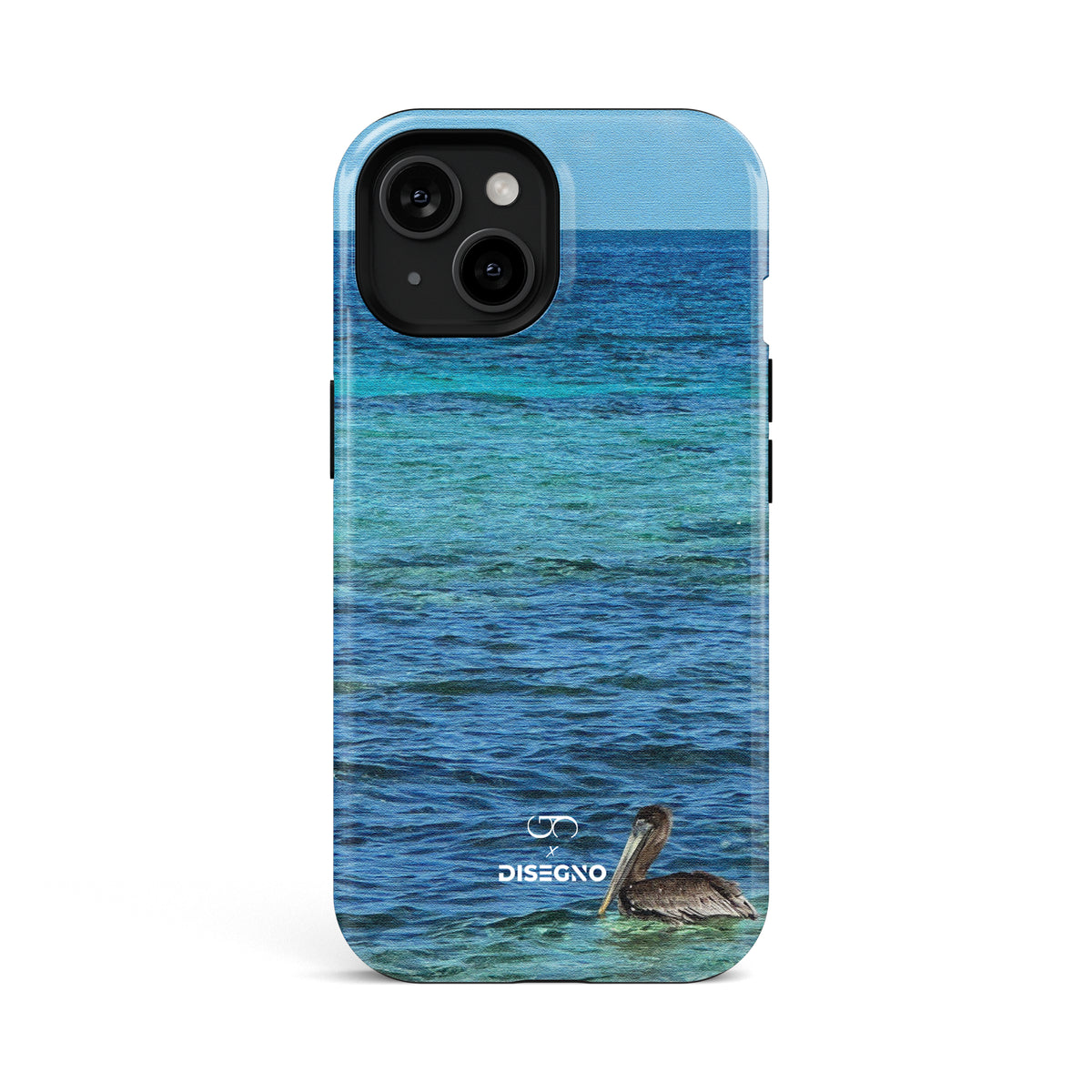Happy Hour tough MagSafe case for iPhone 13 with a pelican on turquoise Caribbean water