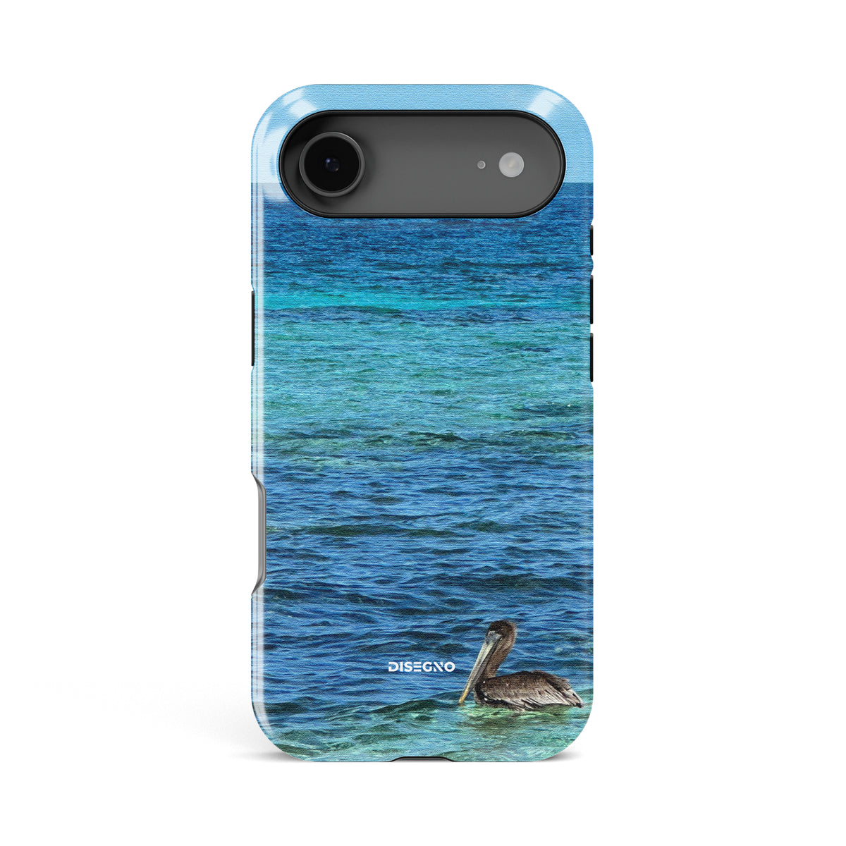 Happy Hour tough MagSafe case for iPhone 17 Air with a pelican on turquoise Caribbean water