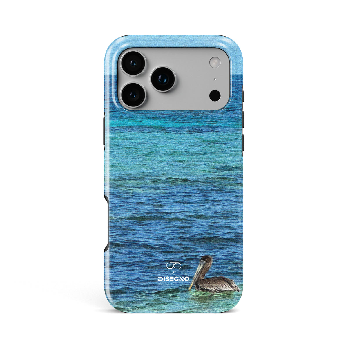 Happy Hour tough MagSafe case for iPhone 17 Pro Max with a pelican on turquoise Caribbean water