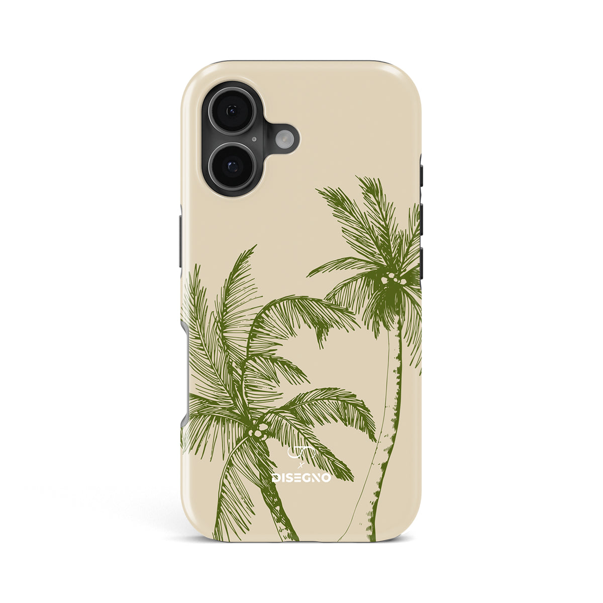 La Isla tough MagSafe case for iPhone 17 with olive green palm trees on cream