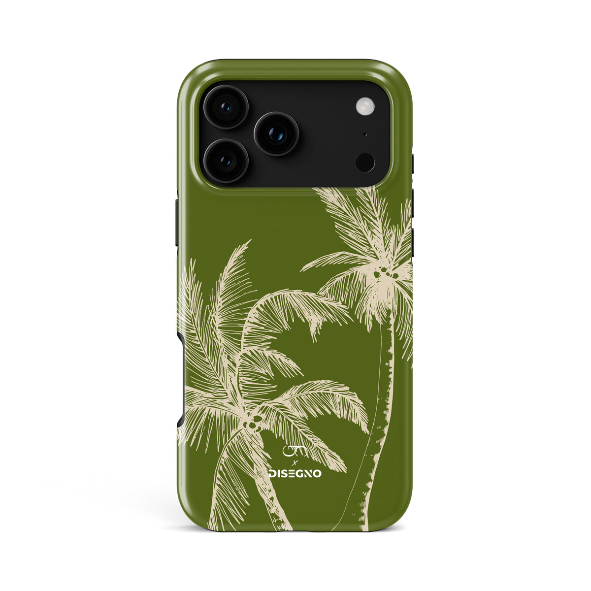 La Isla tough MagSafe case for iPhone 18 Pro Max with cream palm trees on olive green