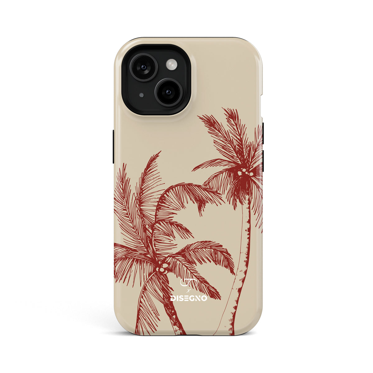 La Isla tough MagSafe case for iPhone 15 with burgundy palm trees on cream