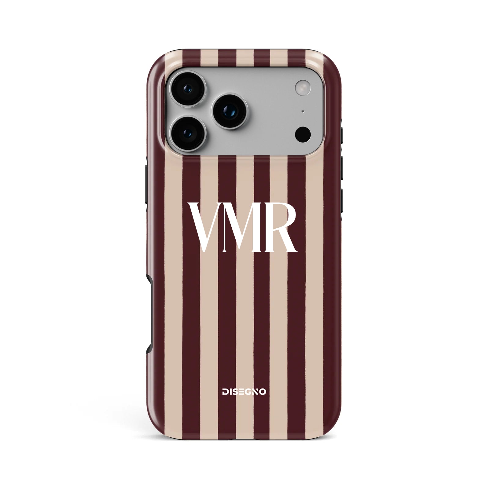 Merlot Stripes tough MagSafe case personalized with initials in white Contrasto serif font