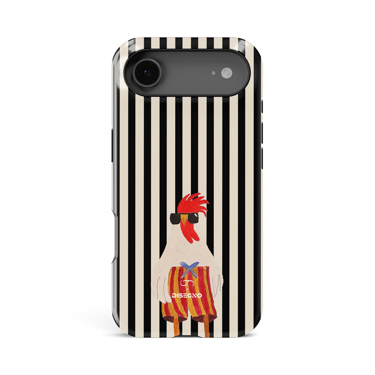 Off Duty tough MagSafe case for iPhone 17 Air with an illustrated rooster in sunglasses on black and white stripes