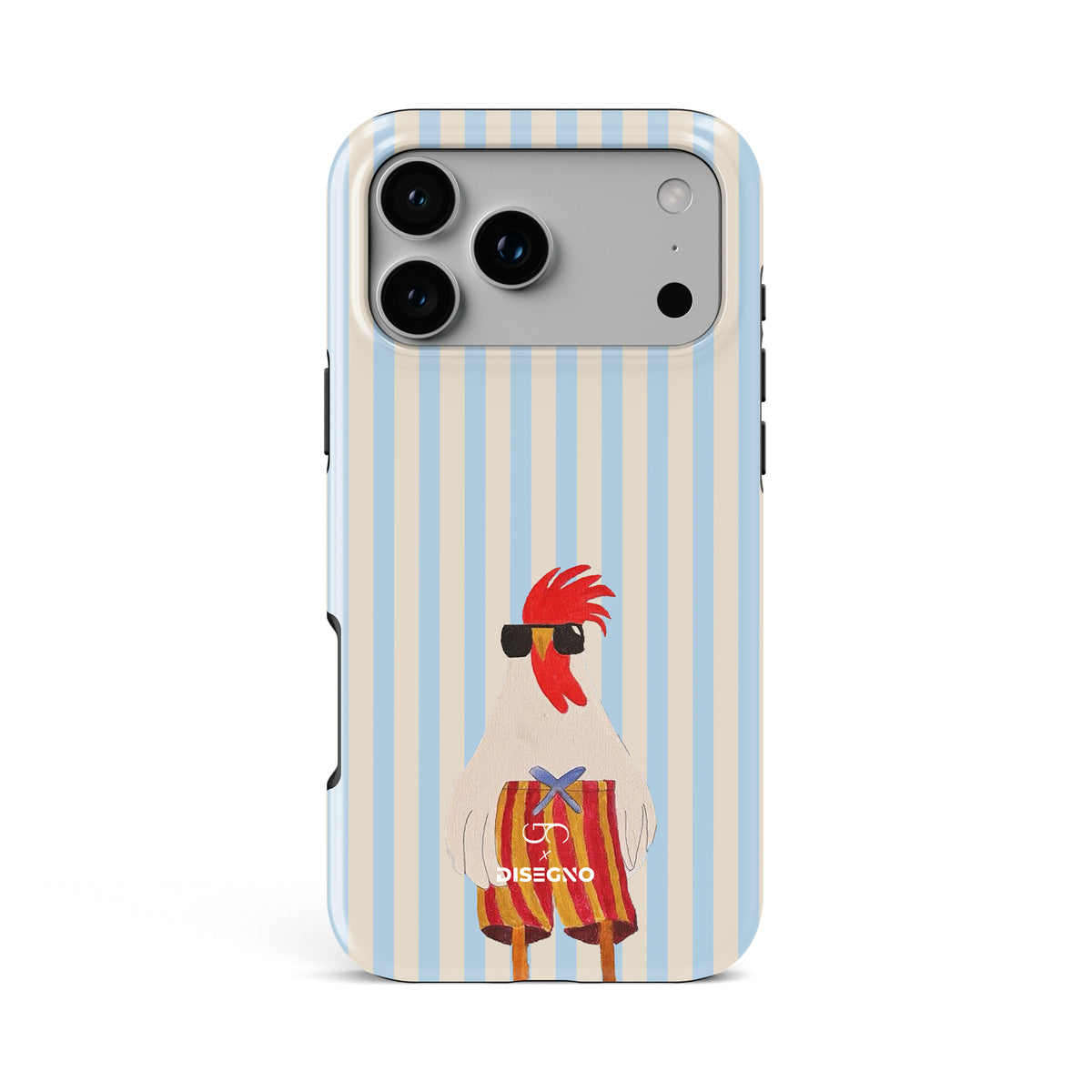 Off Duty tough MagSafe case for iPhone 17 Pro Max with a rooster in sunglasses on light blue and cream stripes