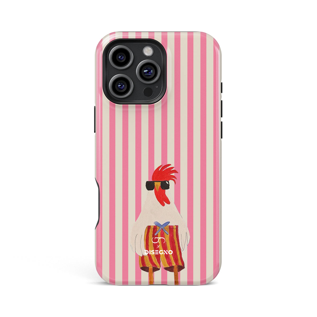 Off Duty tough MagSafe case for iPhone 15 Pro Max with a rooster in sunglasses on pink and cream stripes