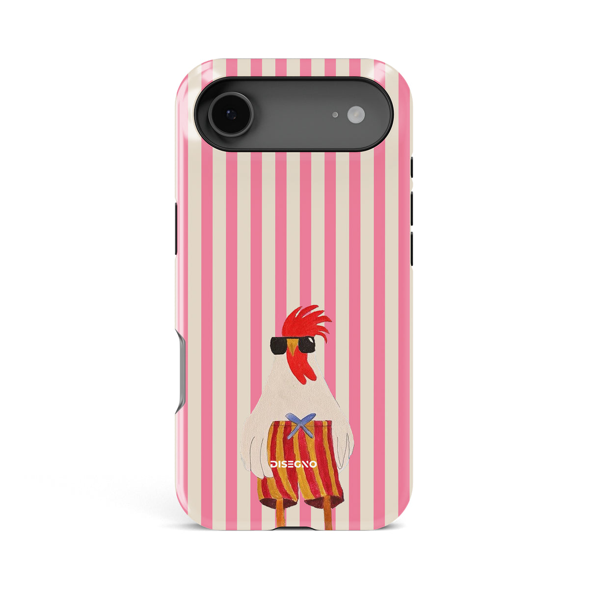 Off Duty tough MagSafe case for iPhone 17 Air with a rooster in sunglasses on pink and cream stripes