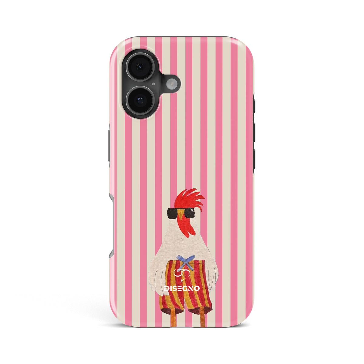 Off Duty tough MagSafe case for iPhone 17 with a rooster in sunglasses on pink and cream stripes