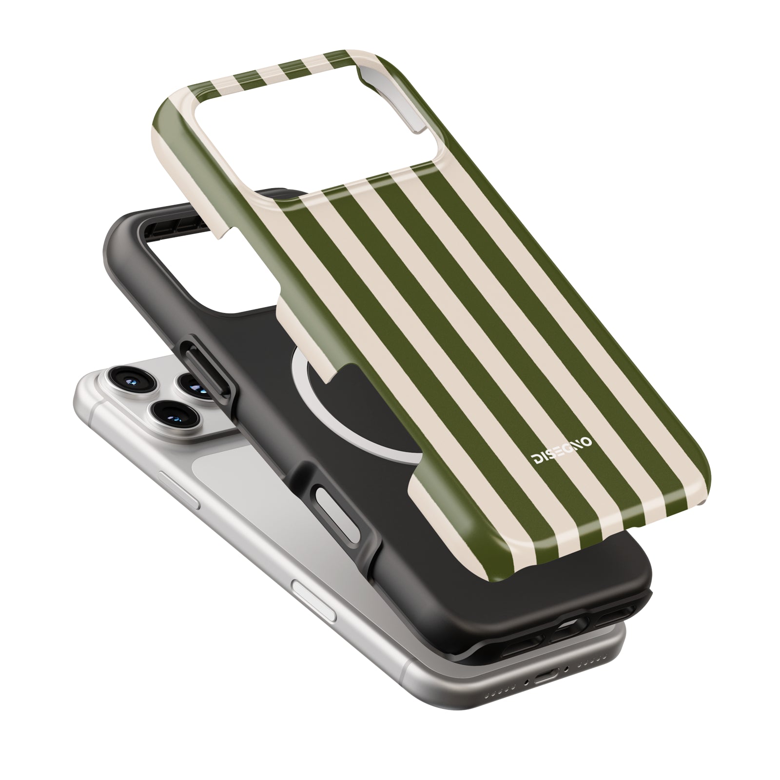 Pistachio Stripes tough case dual-layer construction with MagSafe ring, olive green and cream stripes