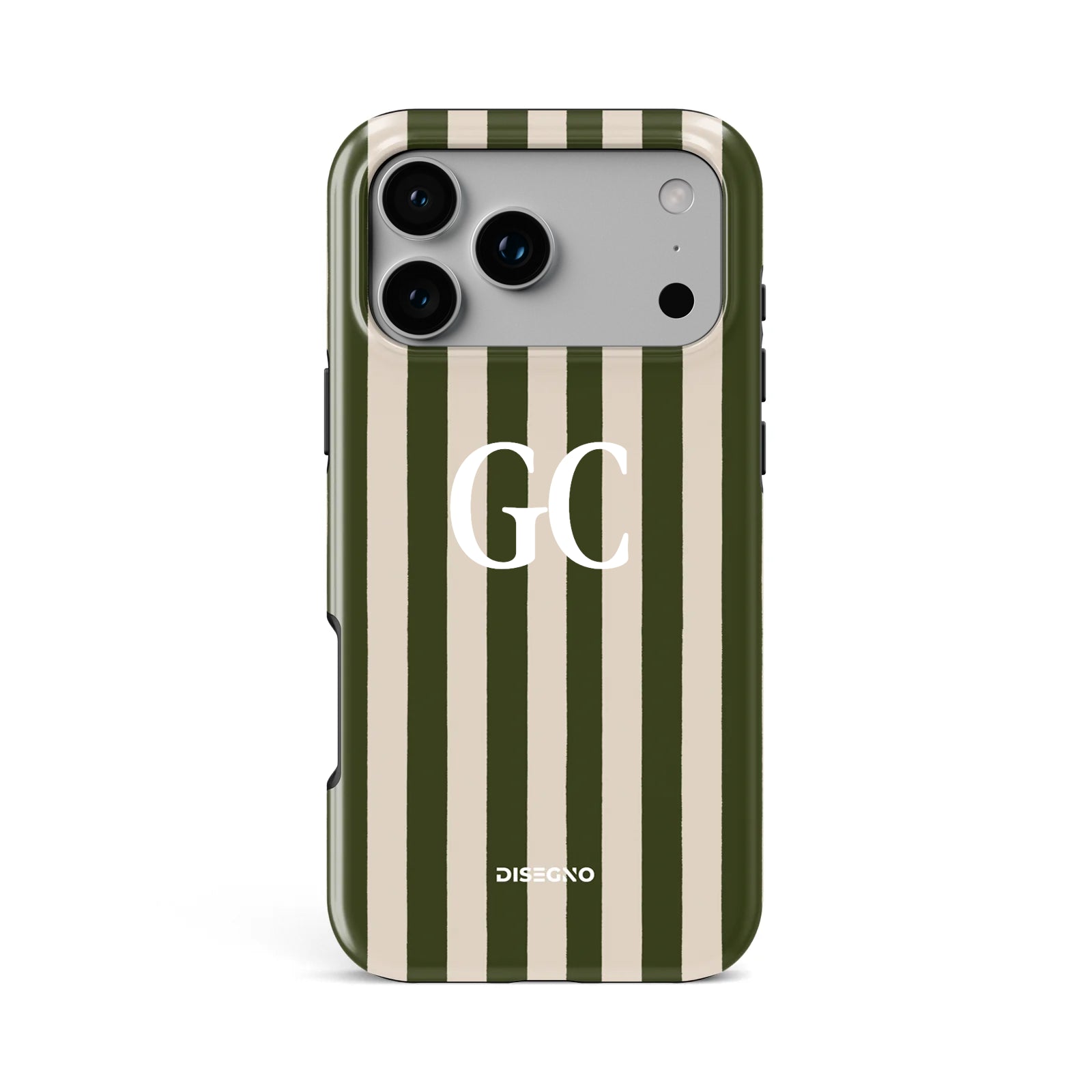 Pistachio Stripes tough MagSafe case personalized with initials in white bold serif font