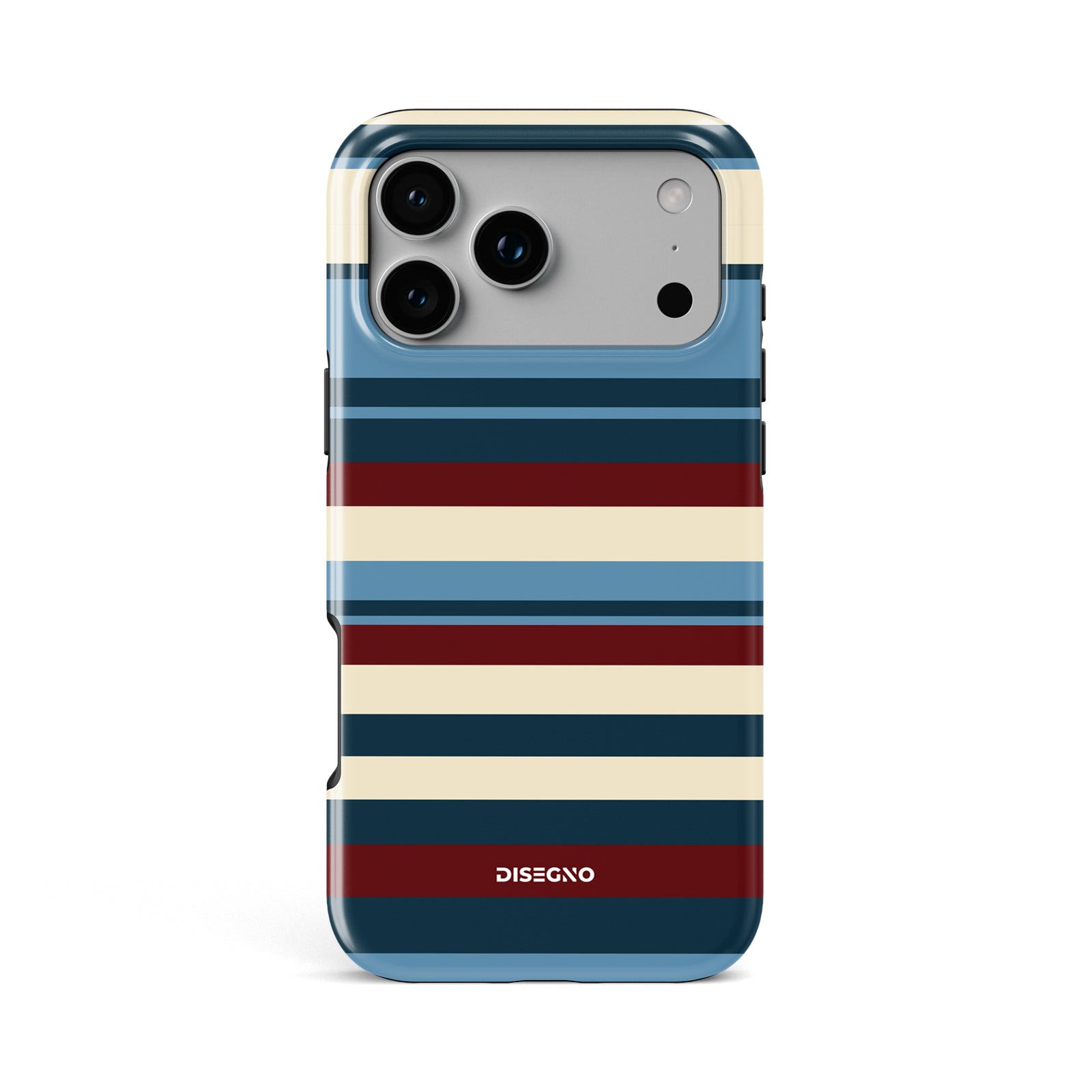 Ritorno Stripes tough MagSafe case for iPhone 17 Pro Max with navy, dusty blue and burgundy stripes on cream