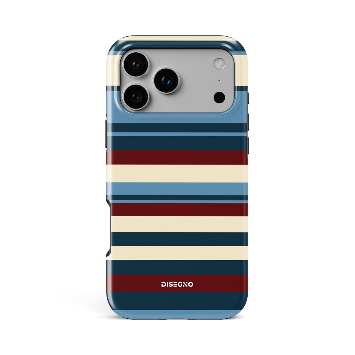 Ritorno Stripes tough MagSafe case for iPhone 17 Pro Max with navy, dusty blue and burgundy stripes on cream