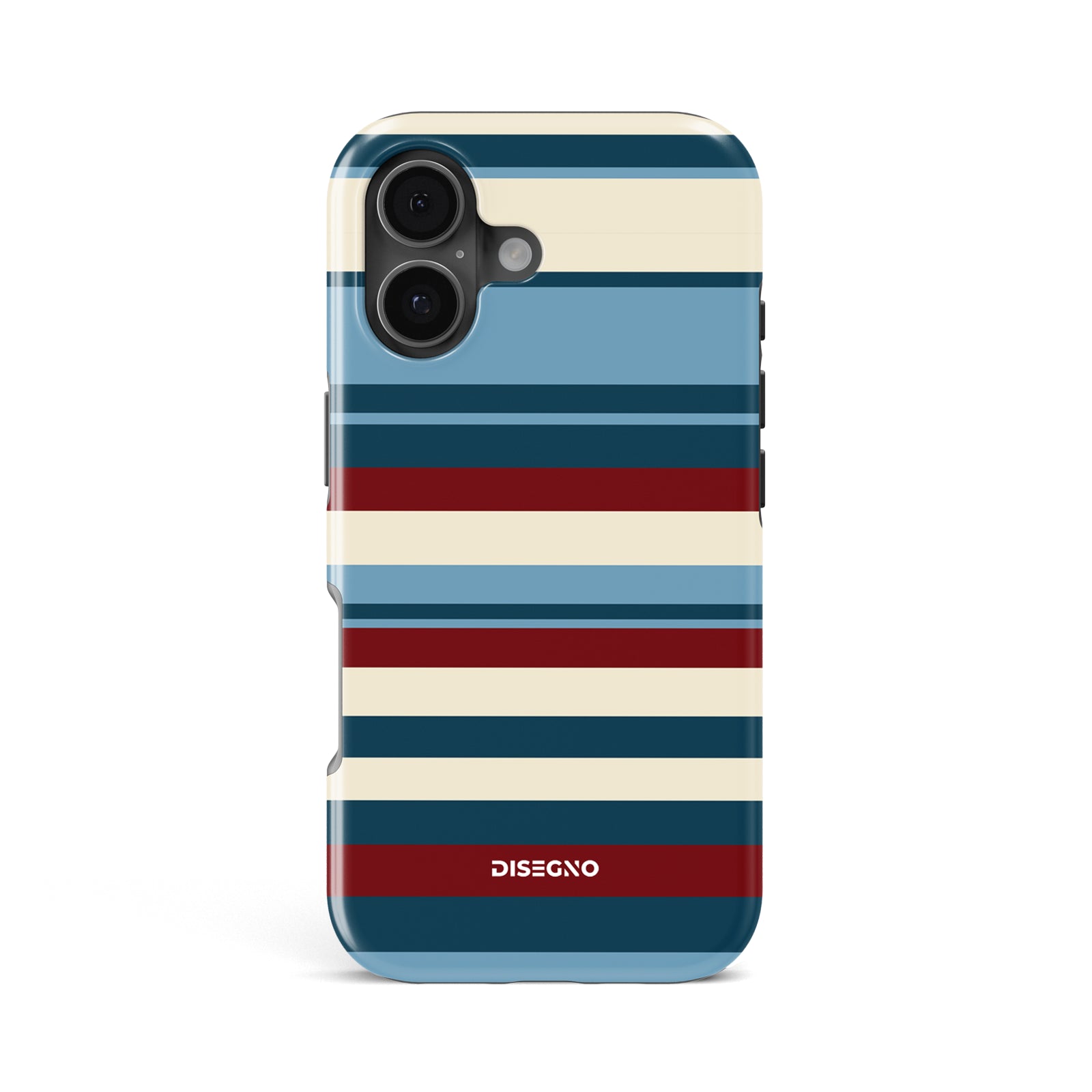 Ritorno Stripes tough MagSafe case for iPhone 17 with navy, dusty blue and burgundy stripes on cream
