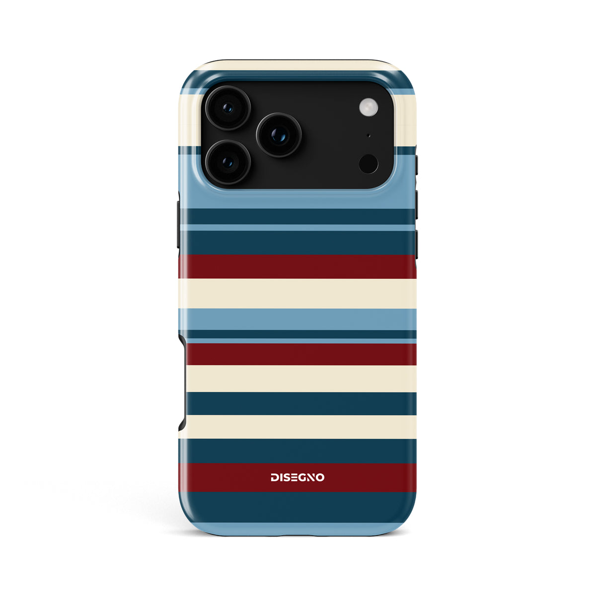 Ritorno Stripes tough MagSafe case for iPhone 18 Pro Max with navy, dusty blue and burgundy stripes on cream