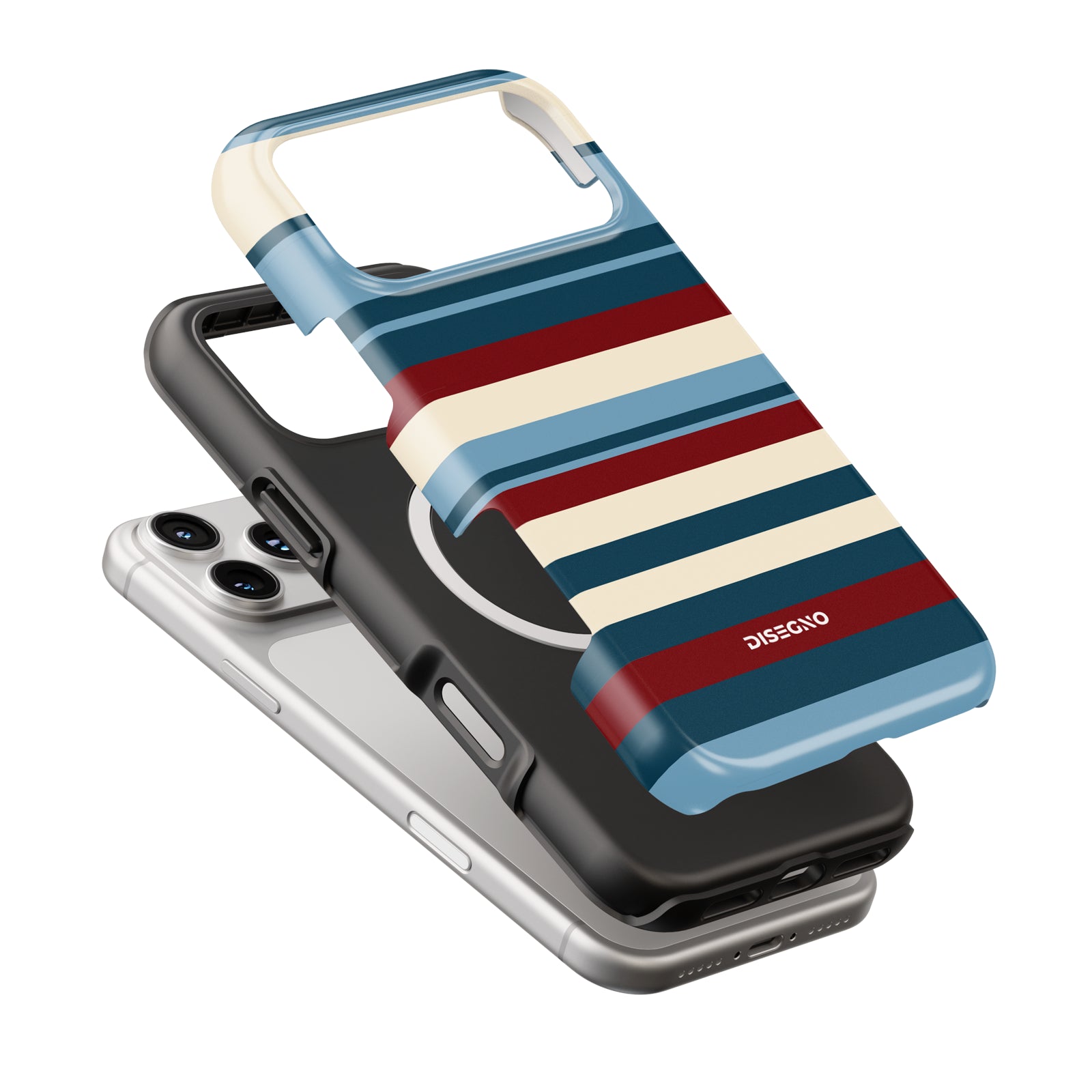 Ritorno Stripes tough case dual-layer construction with MagSafe ring, navy and burgundy stripes