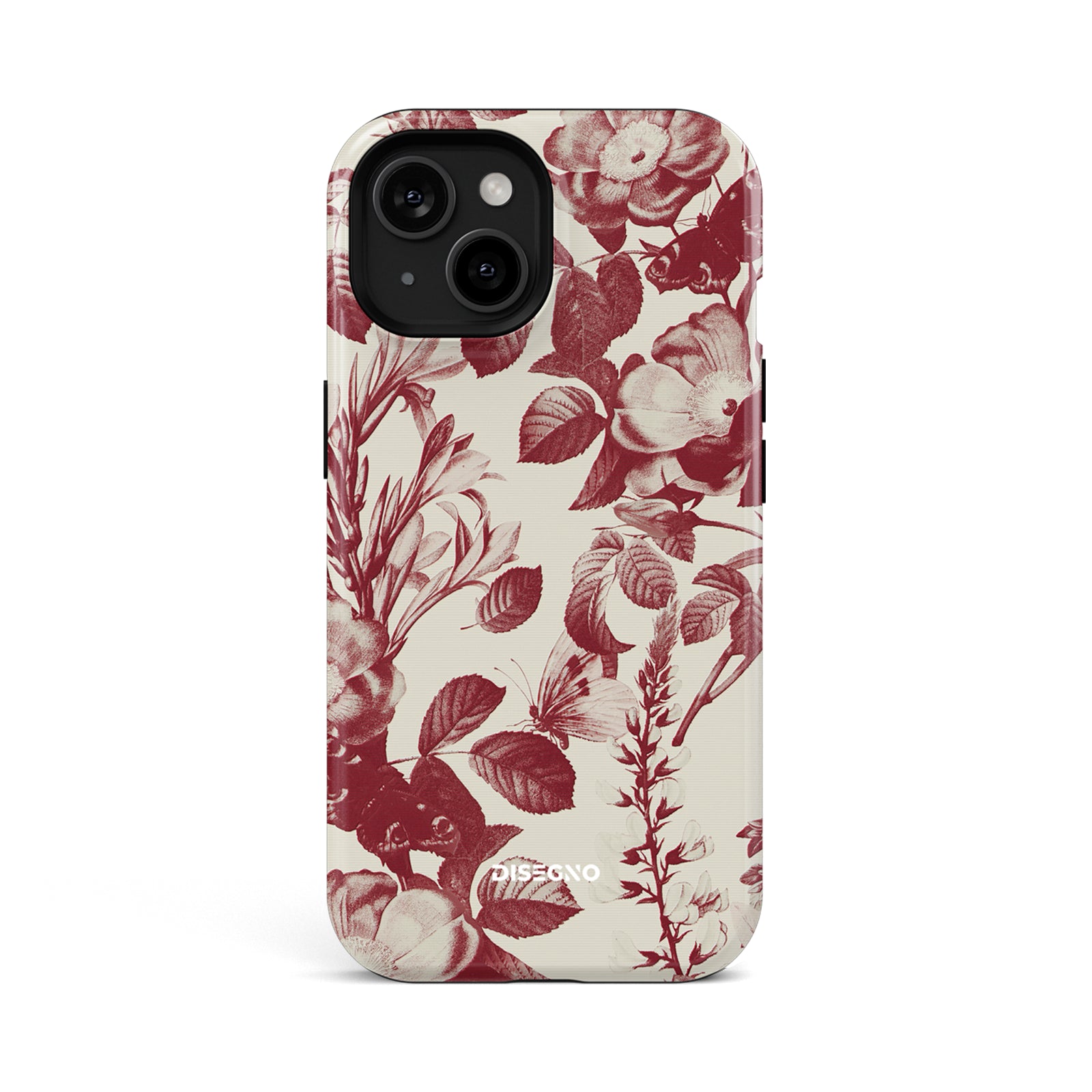Secret Garden tough MagSafe case for iPhone 13 with burgundy botanical print and butterflies on cream