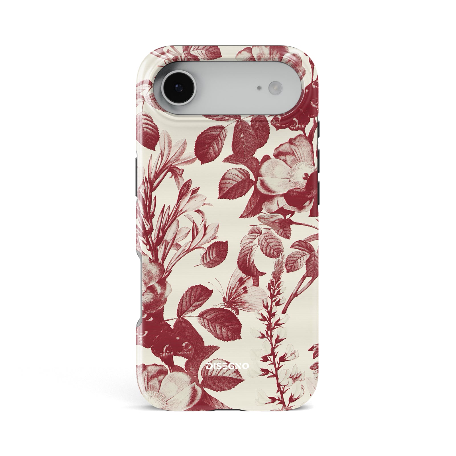 Secret Garden tough MagSafe case for iPhone 17 Air with burgundy botanical print and butterflies on cream
