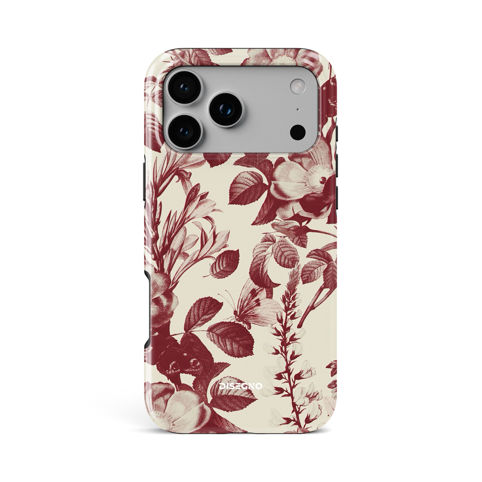 Secret Garden tough MagSafe case for iPhone 17 Pro Max with burgundy botanical print and butterflies on cream