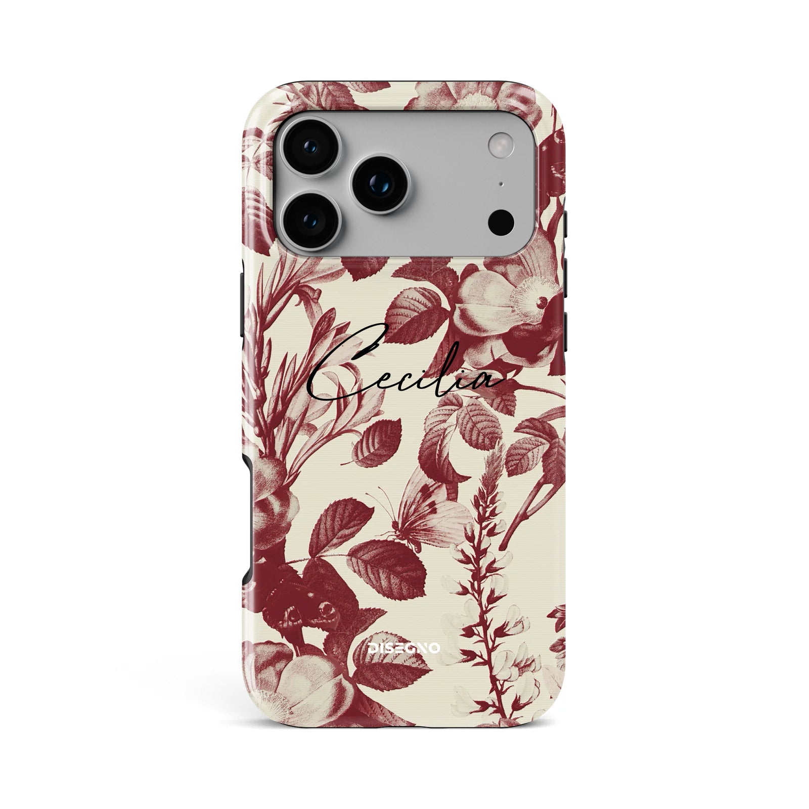 Secret Garden tough MagSafe case personalized with name in black Corvo calligraphy font