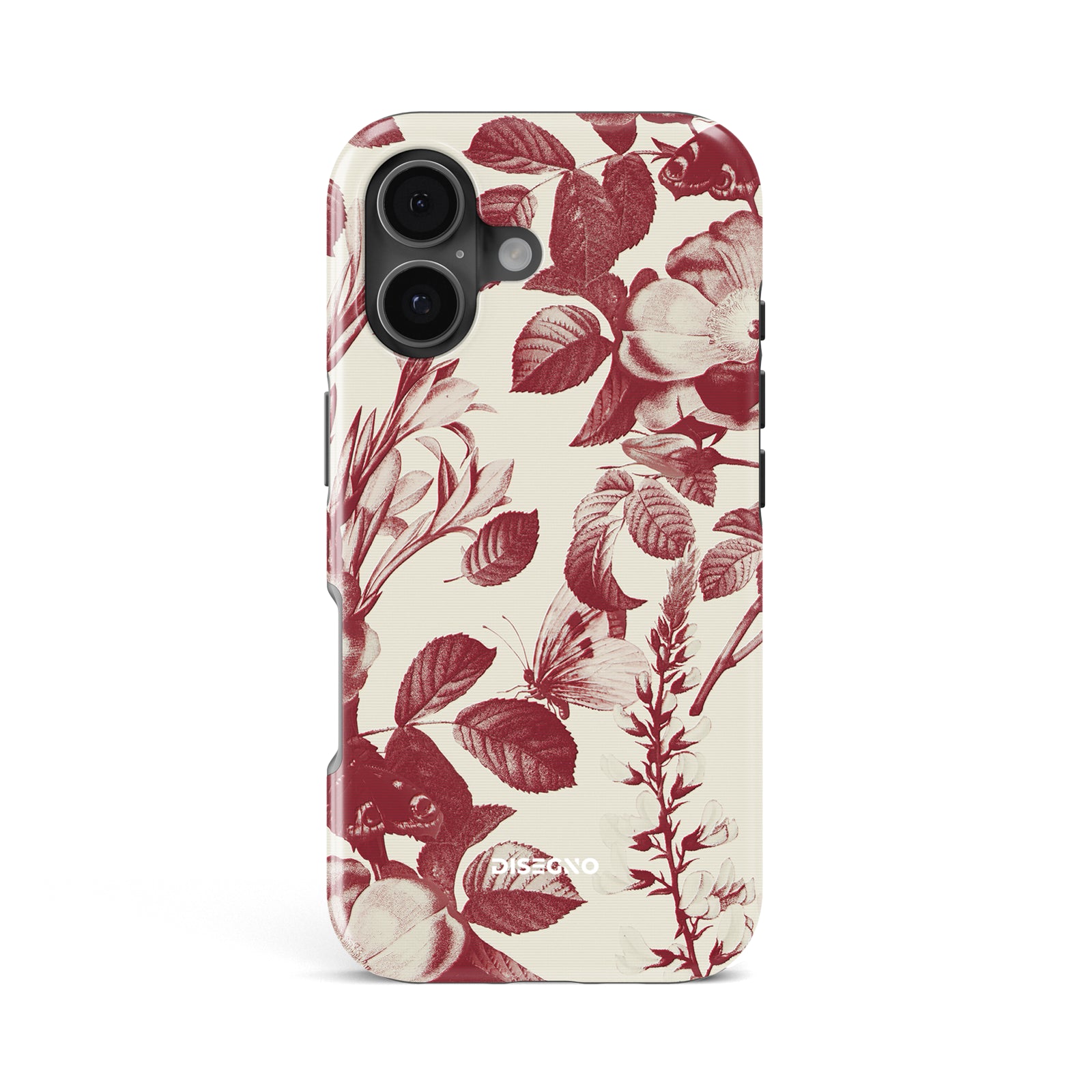 Secret Garden tough MagSafe case for iPhone 17 with burgundy botanical print and butterflies on cream