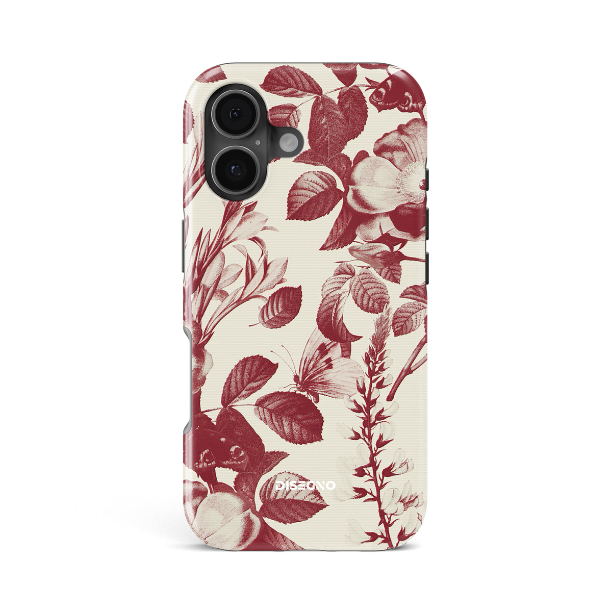 Secret Garden tough MagSafe case for iPhone 17 with burgundy botanical print and butterflies on cream