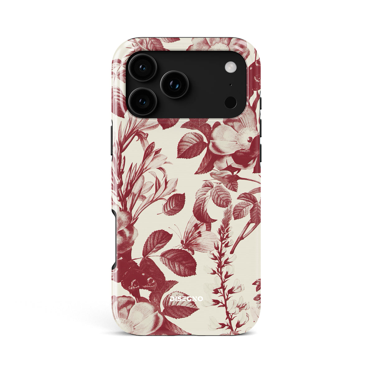 Secret Garden tough MagSafe case for iPhone 18 Pro Max with burgundy botanical print and butterflies on cream