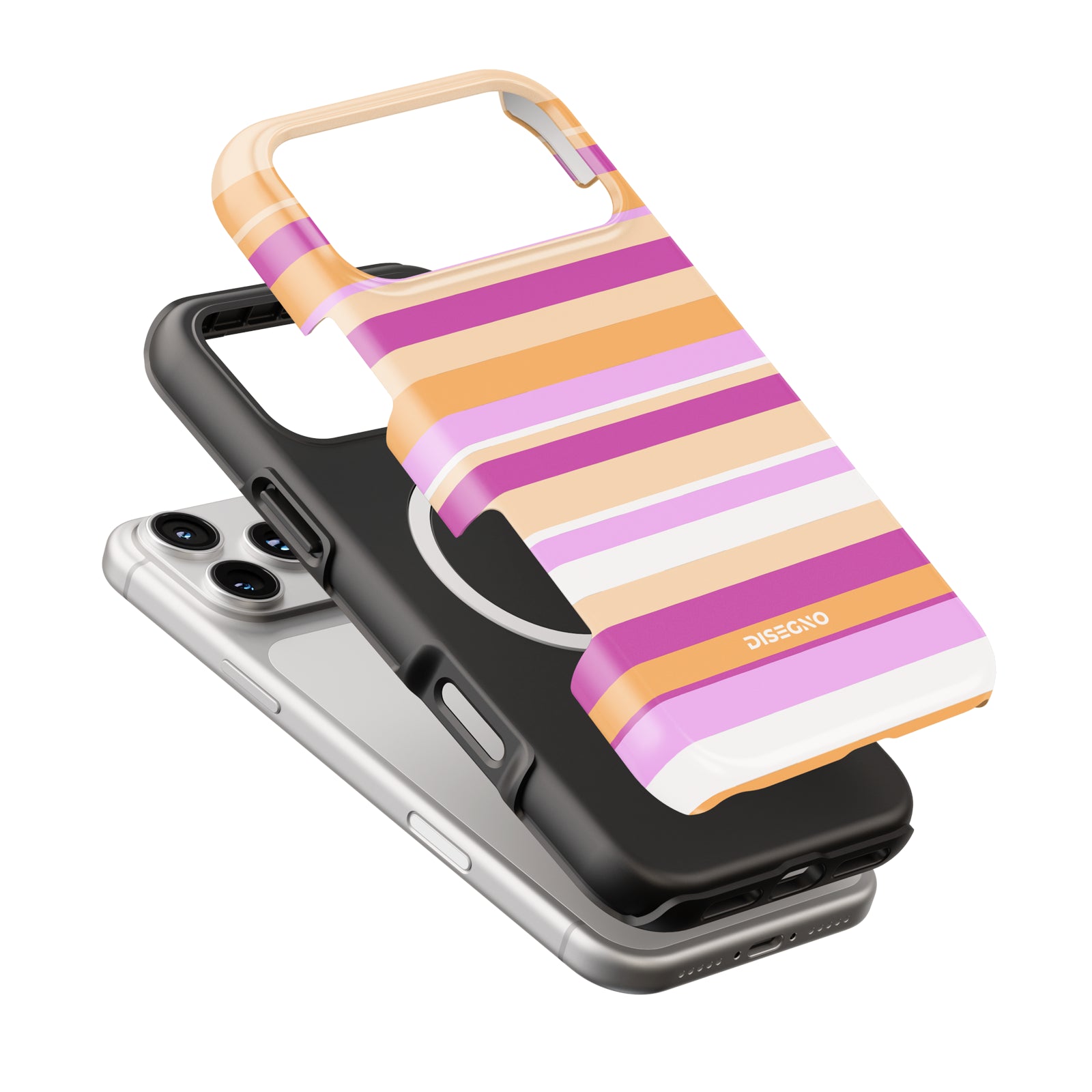 Sorbet Stripes tough case dual-layer construction with MagSafe ring, orange, pink and lilac stripes
