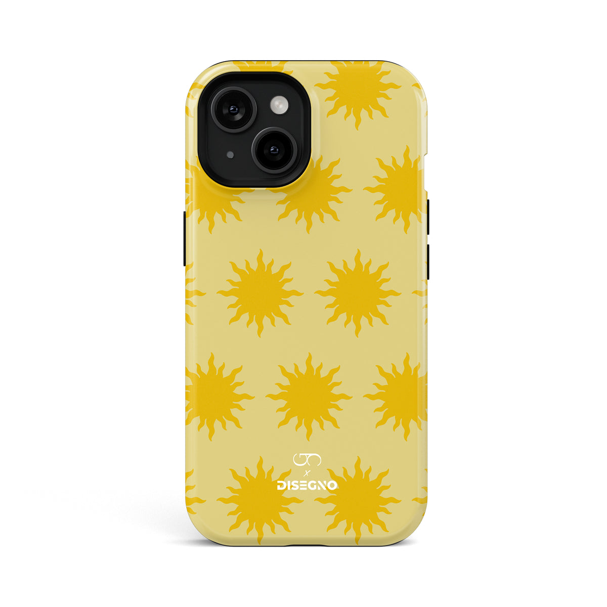 Sunny Side tough MagSafe case for iPhone 15 with golden suns on butter yellow