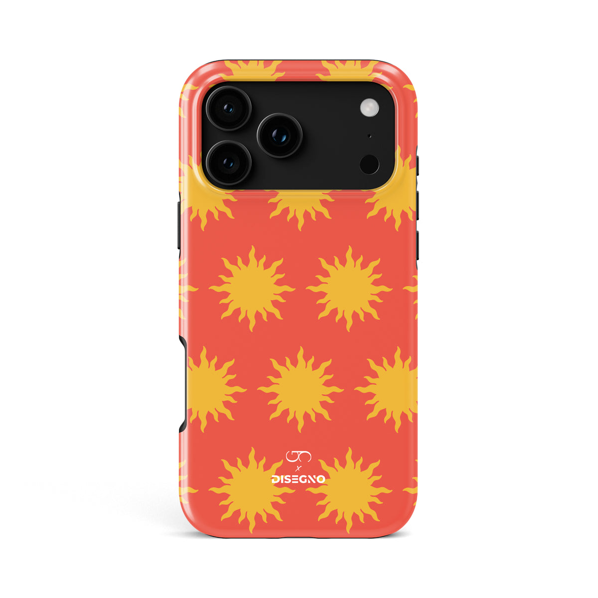 Sunny Side tough MagSafe case for iPhone 18 Pro Max with yellow suns on coral orange