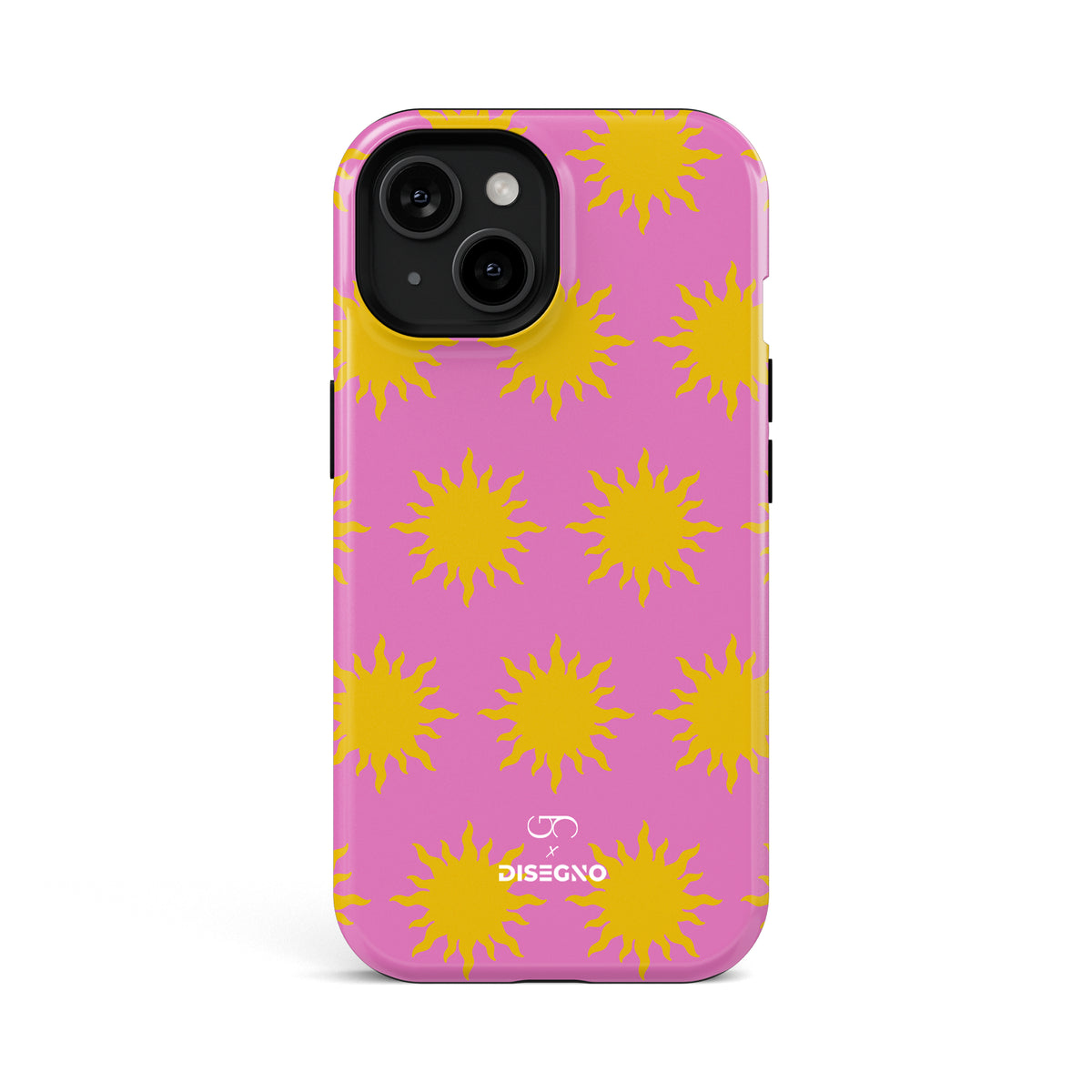 Sunny Side tough MagSafe case for iPhone 13 with yellow suns on bright pink