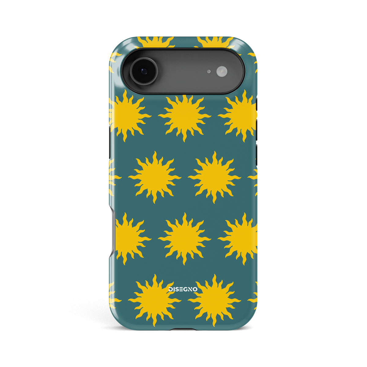 Sunny Side tough MagSafe case for iPhone 17 Air with yellow suns on deep teal