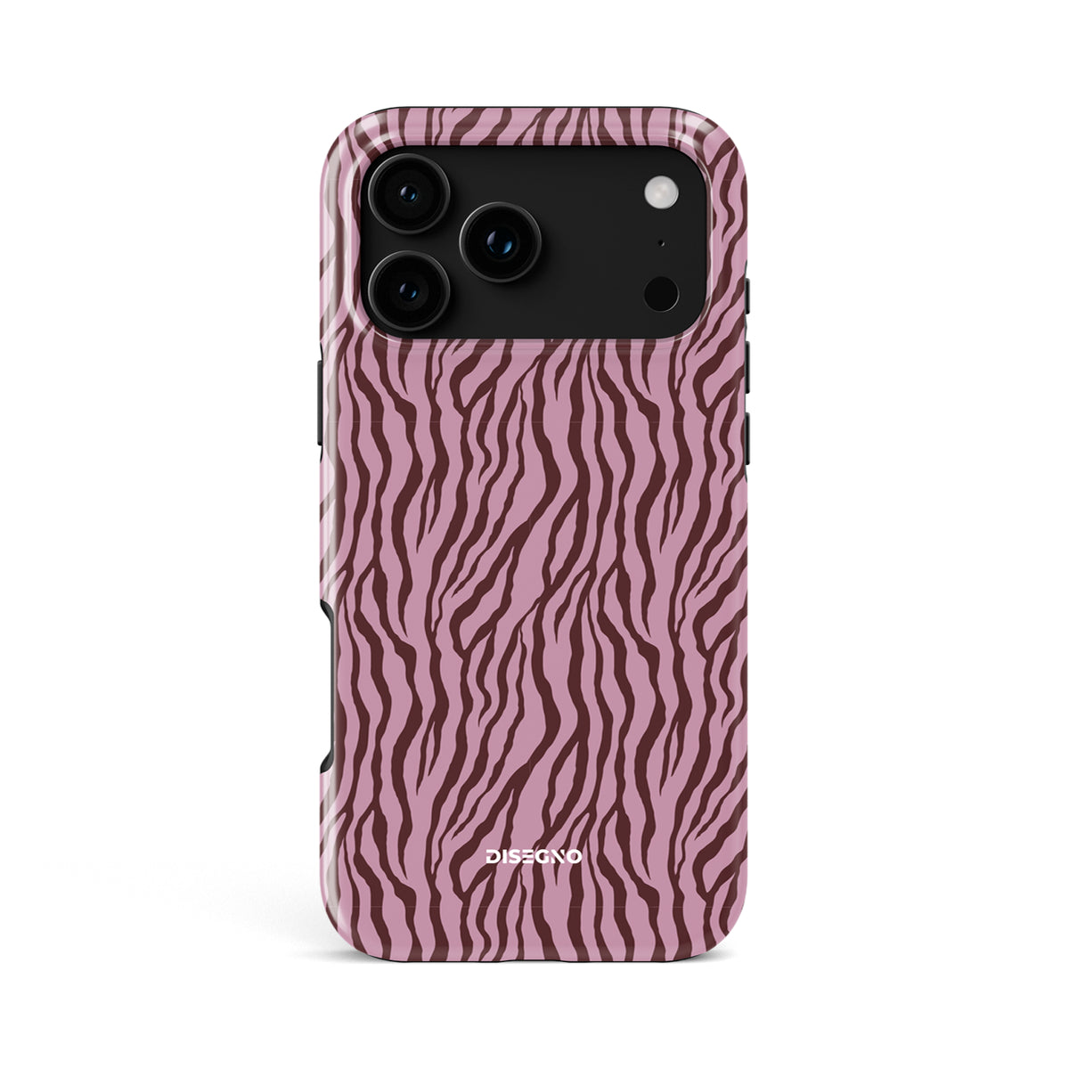 Zebrato tough MagSafe case for iPhone 18 Pro Max with deep burgundy zebra stripes on mauve pink