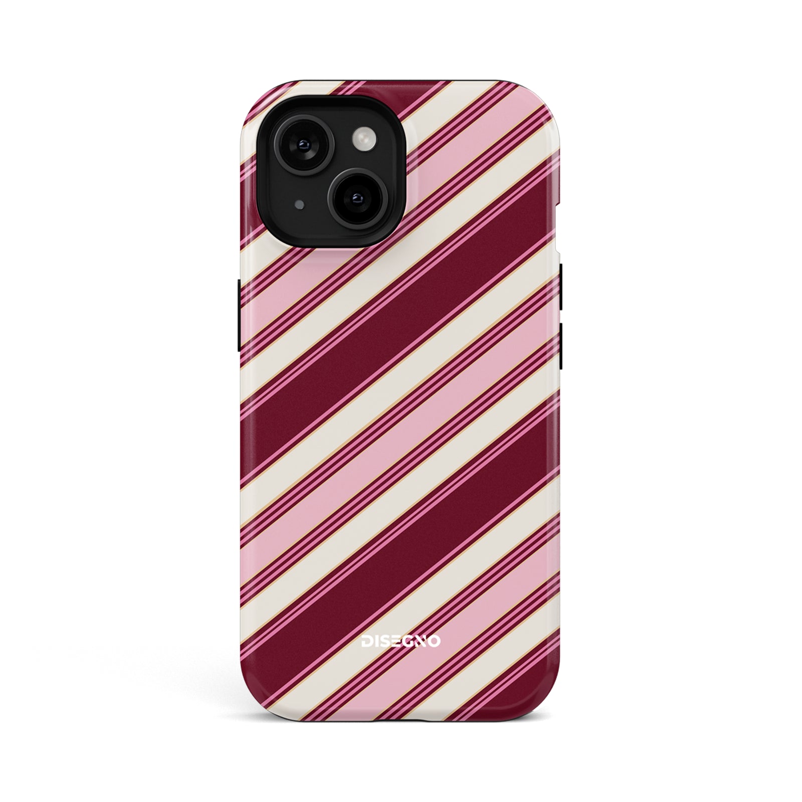 Amarena Stripes tough MagSafe case for iPhone 15 with wine, pink and cream diagonal stripes