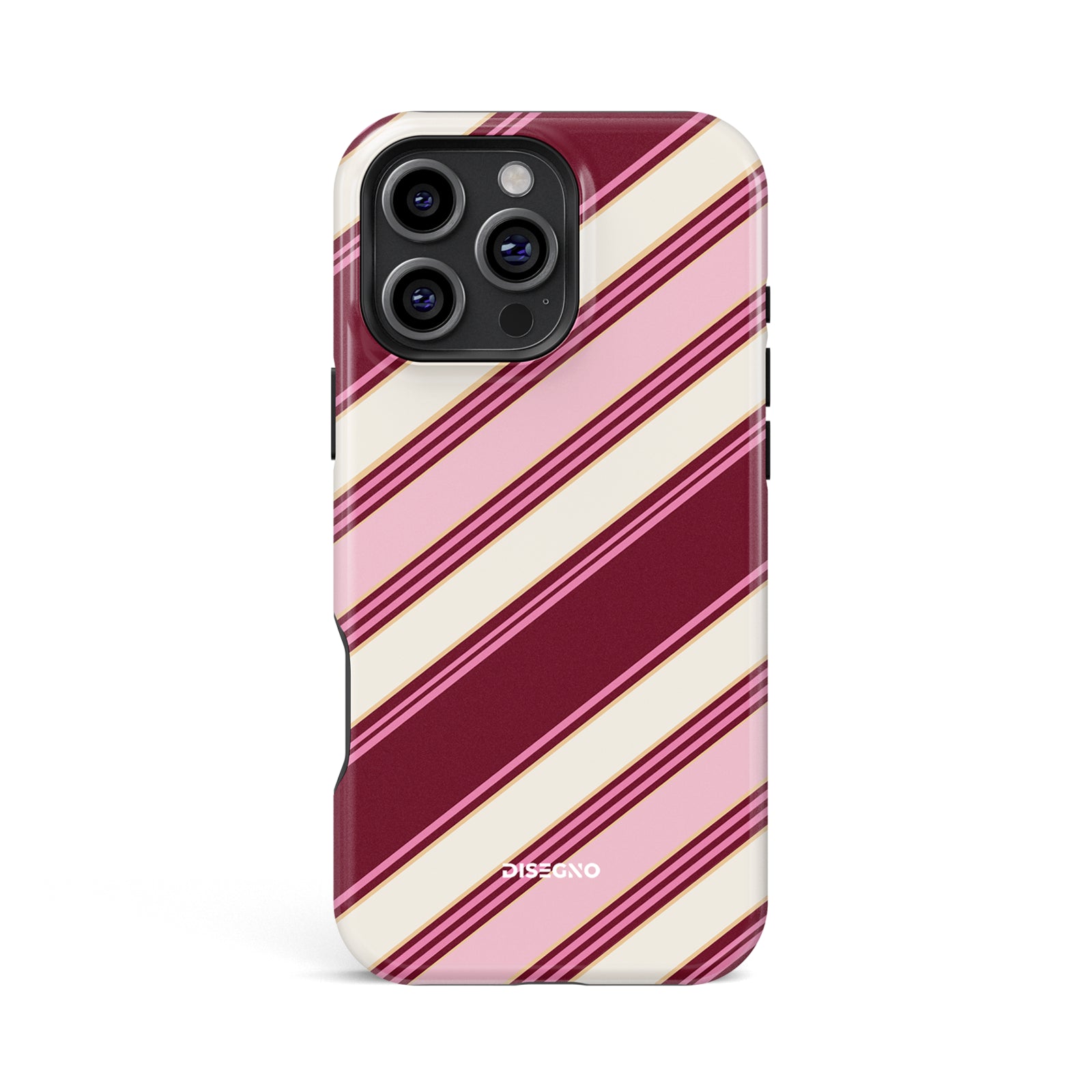 Amarena Stripes tough MagSafe case for iPhone 16 Pro Max with wine, pink and cream diagonal stripes