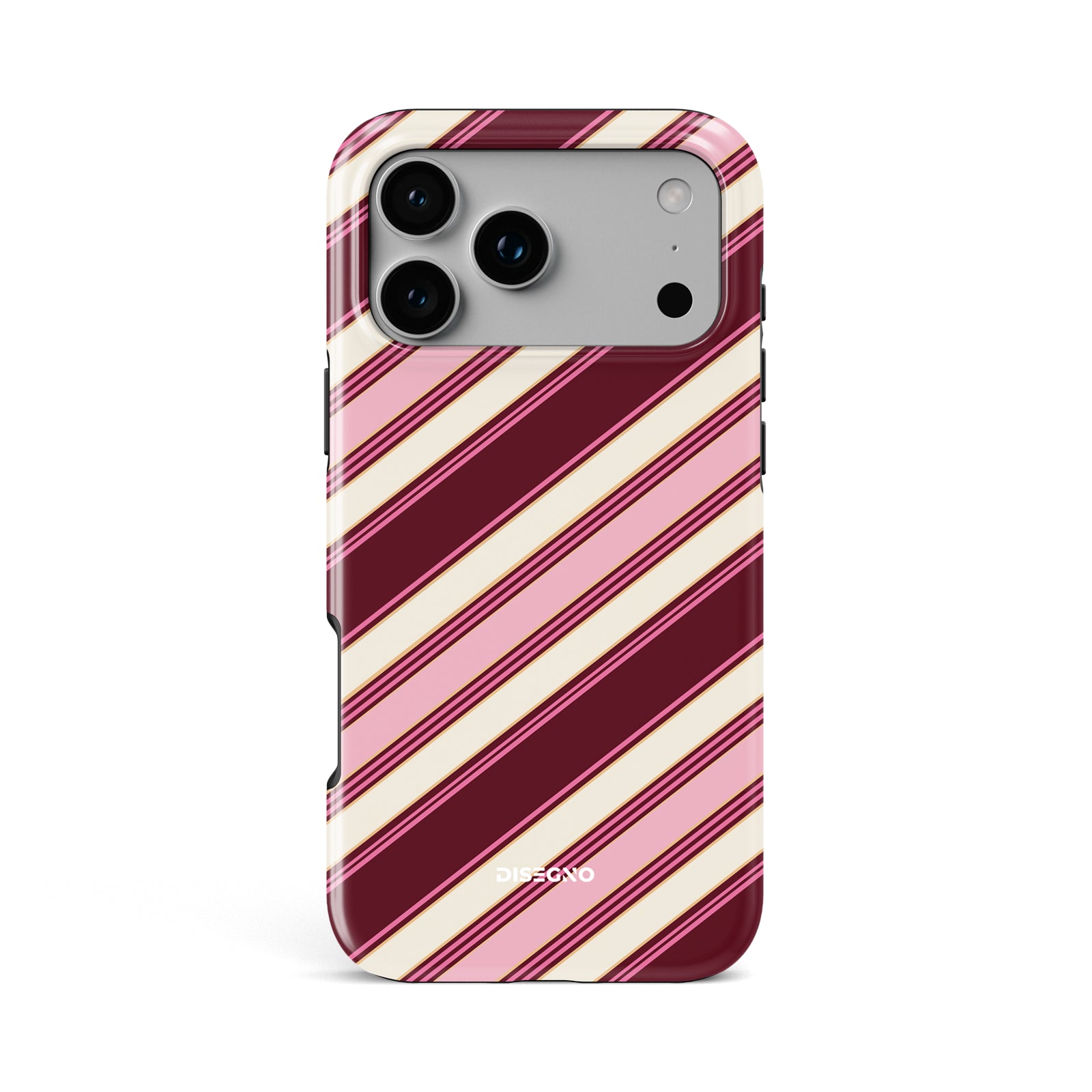 Amarena Stripes tough MagSafe case for iPhone 17 Pro Max with wine, pink and cream diagonal stripes